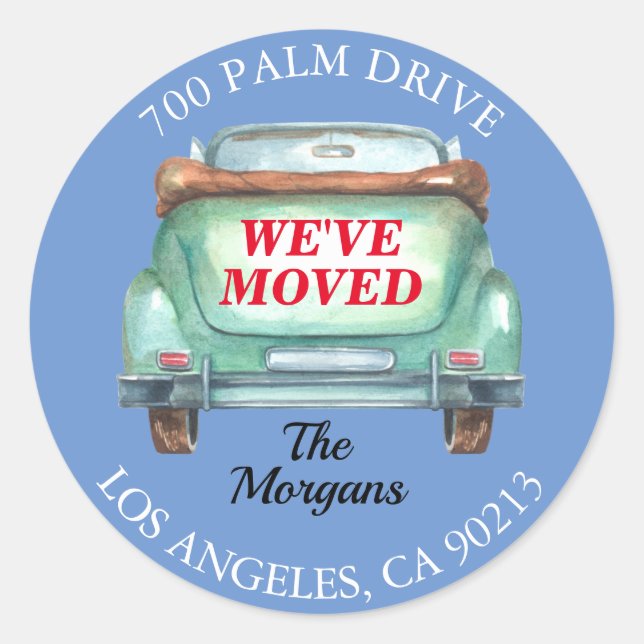Adesivo Redondo Mudámos, Endereço de devolução, Velho Car Watercol (Frente)