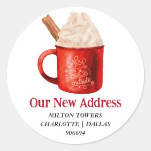 Adesivo Redondo Mudámos O Cacau Quente De Natal   Novo Endereço