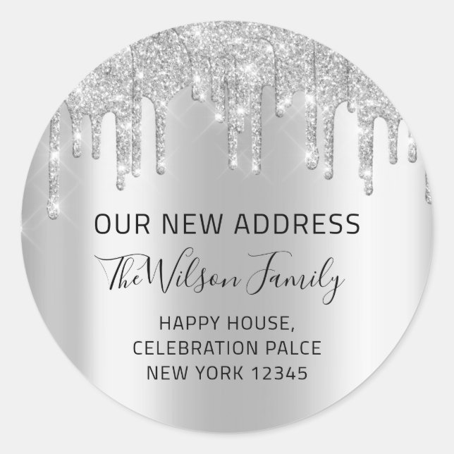 Adesivo Redondo Mudamos O RSVP Do Novo Prata De Endereços (Frente)