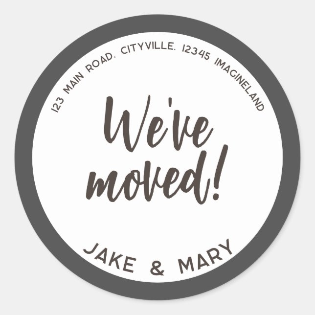 Adesivo Redondo Mudança de endereço Moderno Simples Mudamos (Frente)
