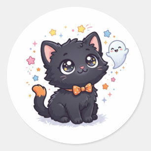Adesivo Redondo Muito Fofo Para Assustar Adorável Gatinho Preto no