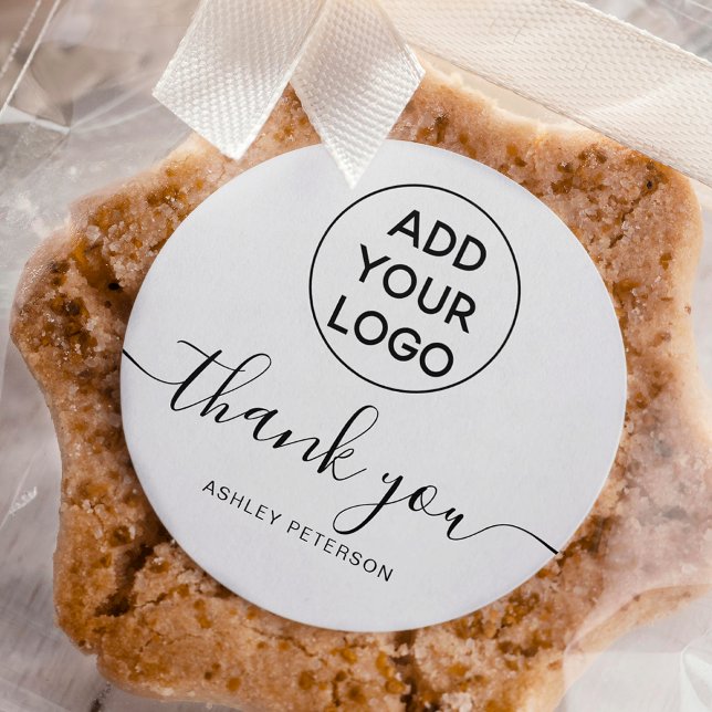 Adesivo Redondo Muito obrigado logotipo tipográfico preto simples (Thank you typography logo simple black white classic round sticker)