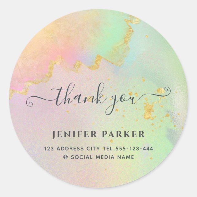Adesivo Redondo Muito obrigado por escrito em aquarela holográfica (Frente)