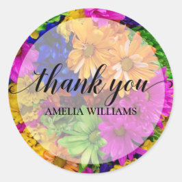 Adesivo Redondo Muito Obrigado Texto Flores Coloridas