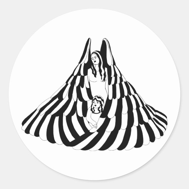 Adesivo Redondo Mulher Anjo Guardiã com a pequena Arte (Frente)