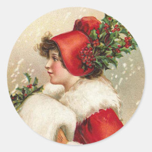 Adesivo Redondo Mulher bonito no escarlate dos cartões de natal d