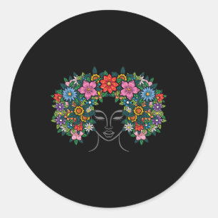 Adesivo Redondo Mulher: Cabelo Flor Afro Menina História Negra Jun