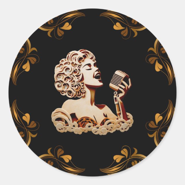 Adesivo Redondo Mulher cantando papel artesanatos música arte (Frente)