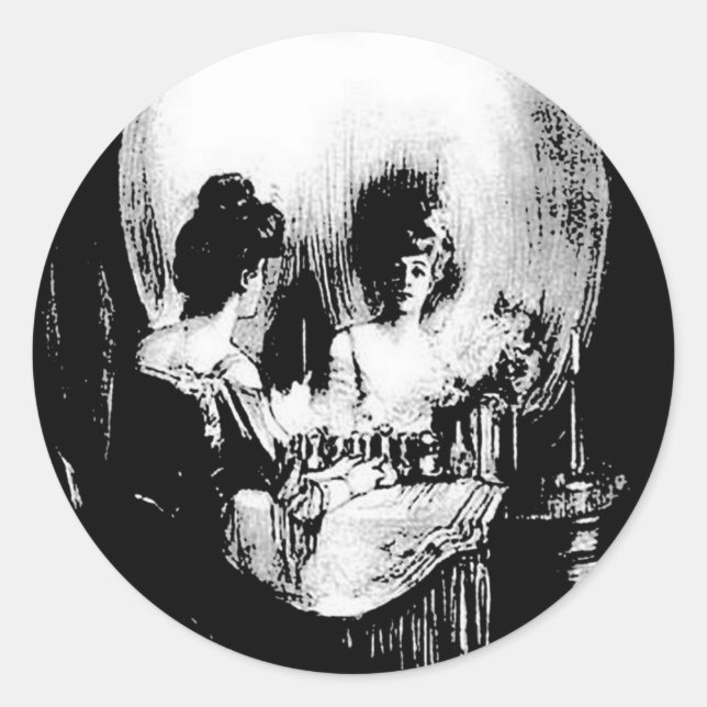 Adesivo Redondo Mulher com Reflexão do Crânio Halloween Espelhada (Frente)