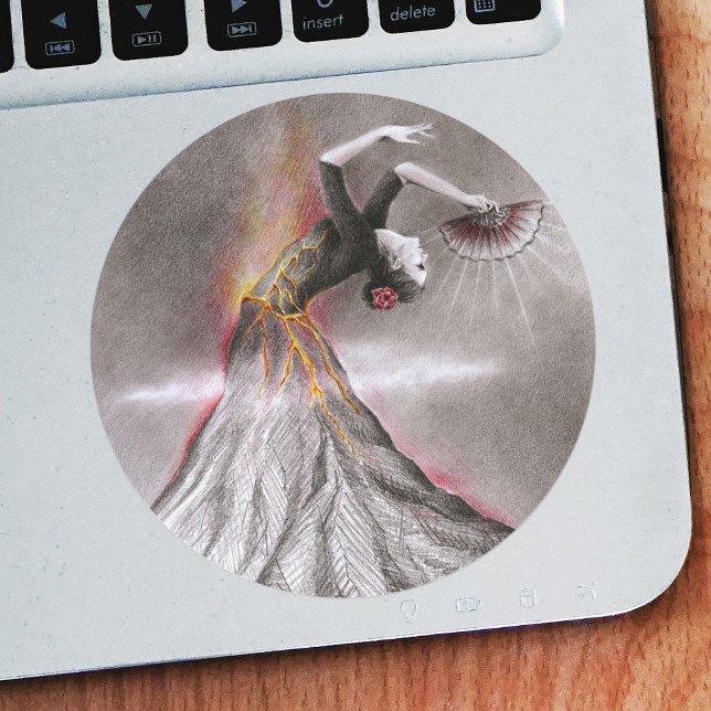 Adesivo Redondo Mulher dançante moça vulcão surreal lápis (Criador carregado)