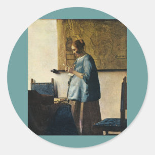 Adesivo Redondo Mulher de Vermeer a azul lendo uma letra ca.1665
