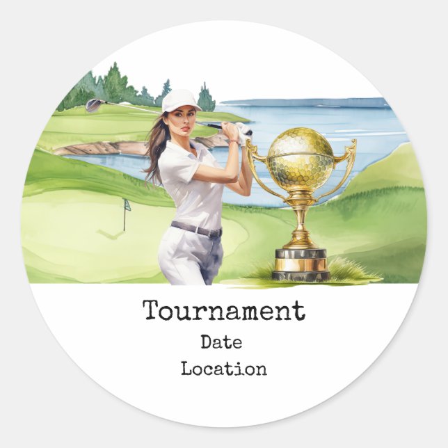 Adesivo Redondo Mulher do Golfe no campo de golfe (Frente)