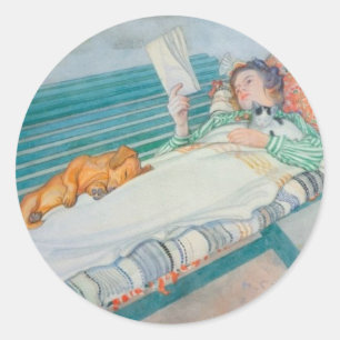 Adesivo Redondo Mulher e cão em um banco