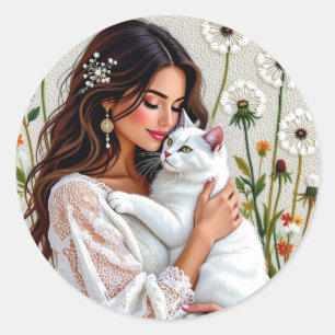 Adesivo Redondo Mulher e Gato Branco e Dandelions