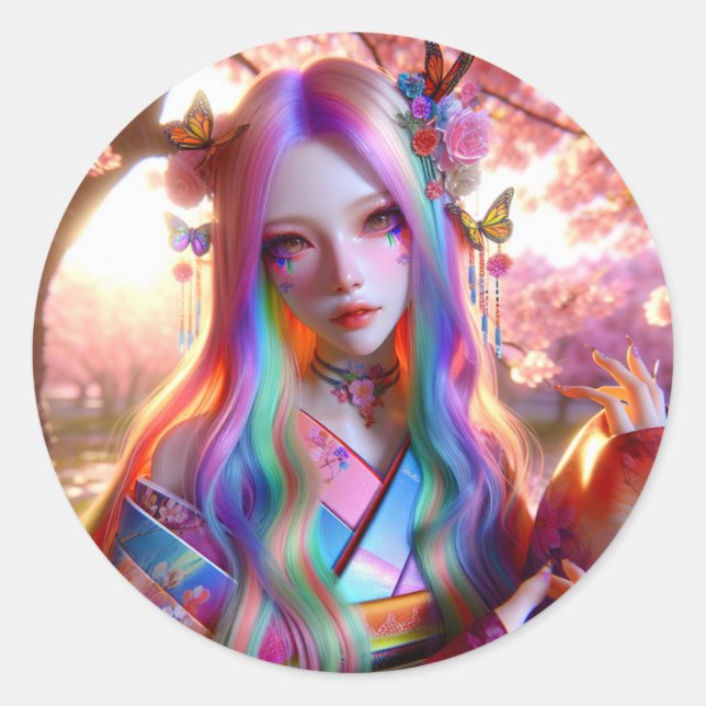 Adesivo Redondo Mulher Eética Mística bonito com Borboletas (Frente)