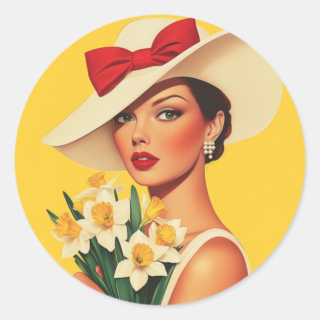 Adesivo Redondo Mulher Elegante com Daffodils (Frente)