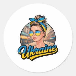 Adesivo Redondo Mulher em Estilo Retro da Ucrânia Gráfico Orgulho
