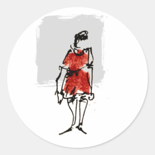 Adesivo Redondo Mulher em Vestido Vermelho Esboço Solto de Tinta