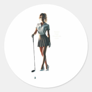 Adesivo Redondo Mulher Golfer Segurando Um Clube De Golfe E Vestin