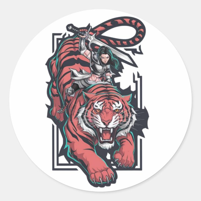 Adesivo Redondo Mulher guerreira no topo de um gigantesco tigre (Frente)
