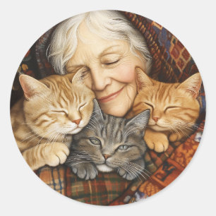 Adesivo Redondo Mulher Idosa Embarcando Três Gatos Cozy