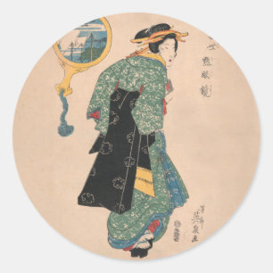 Adesivo Redondo Mulher Kimono japonesa: Ukiyo-e Woodblock Impressã