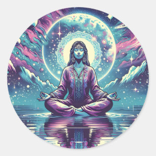 Adesivo Redondo Mulher Meditando Arte Espiritual Serena