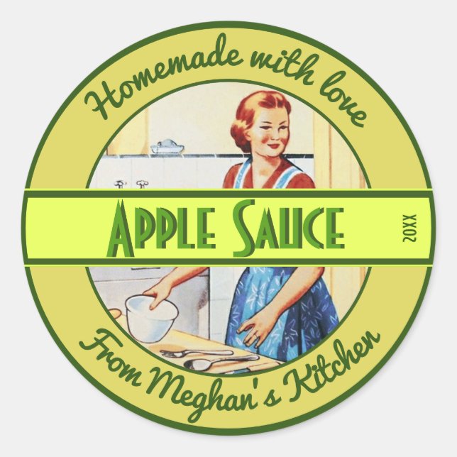 Adesivo Redondo Mulher na cozinha cozinhando Comida de texto perso (Frente)