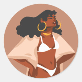 Adesivo Redondo Mulher Negra, Bikini Branco, Pronta para Praia