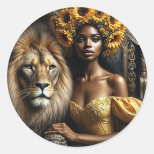 Adesivo Redondo Mulher Negra Com Coroa de Girassol Leão