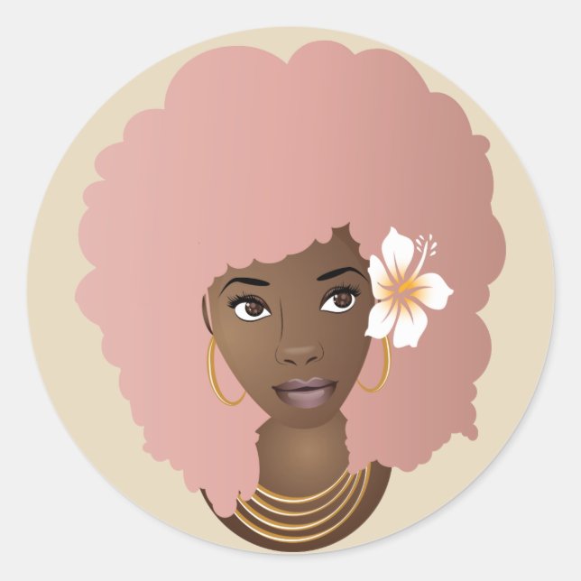 Adesivo Redondo Mulher Negra com Flor em seu Afro Rosa, Beige (Frente)