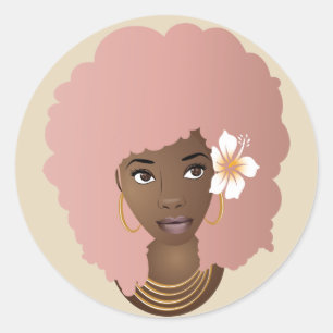 Adesivo Redondo Mulher Negra com Flor em seu Afro Rosa, Beige
