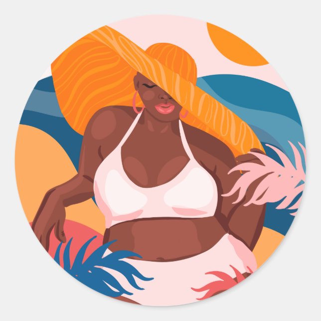 Adesivo Redondo Mulher Negra Curvy, Pronta para Férias de Praia (Frente)
