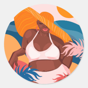 Adesivo Redondo Mulher Negra Curvy, Pronta para Férias de Praia