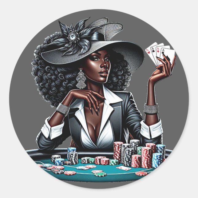 Adesivo Redondo Mulher Negra Jogo Cartões Casino Cartões Poker Art (Frente)