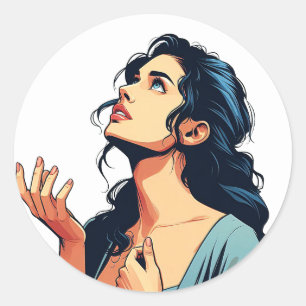 Adesivo Redondo Mulher olhando rezando para a ilustração de Deus