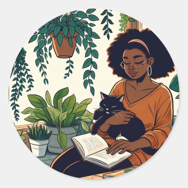 Adesivo Redondo Mulher Relaxando com seu gato, livro e plantas (Frente)