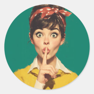 Adesivo Redondo Mulher Retro Fazendo um Shh