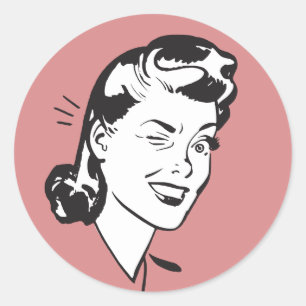 Adesivo Redondo Mulher retrô piscando ilustração em rosa