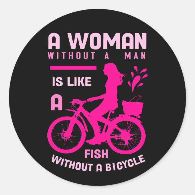 Adesivo Redondo mulher rosa sem homem como feminista de bicicleta  (Frente)