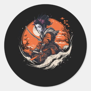 Adesivo Redondo Mulher Samurai Japonesa Anime Otaku Vaporwave Japa