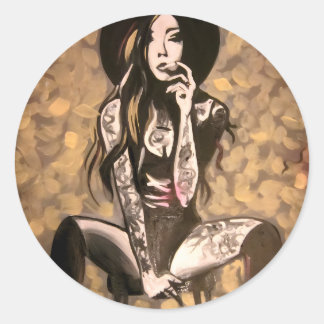 Adesivo Redondo Mulher Tatuada em Dourado