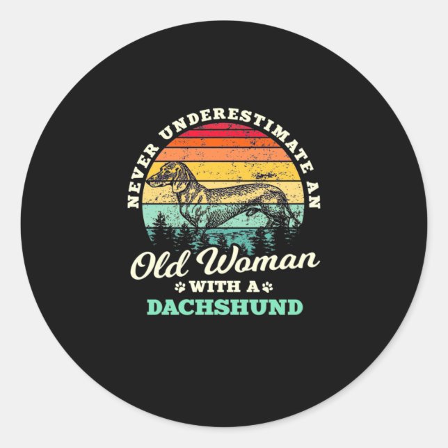 Adesivo Redondo Mulher Velha Com Um Dachshund (Frente)