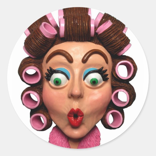 Adesivo Redondo Mulher Vestindo Curlers (Frente)
