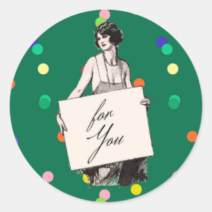 Adesivo Redondo Mulher Vintage Art Déco dos Anos 1920 com Letreiro