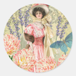 Adesivo Redondo Mulher Vitoriana Floral Rosa Regência