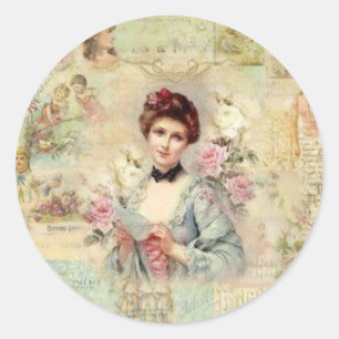Adesivo Redondo Mulher Vitoriana Retro Bonita Com Rosas