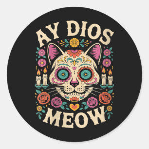 Adesivo Redondo Mulheres Ay Dios Meow Gato Divertido Crânio de Açú