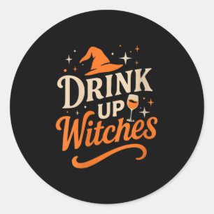 Adesivo Redondo Mulheres Bebam Bruxas Vinho Taça Halloween Solteir