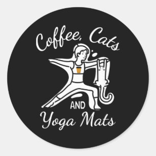 Adesivo Redondo Mulheres Café Gatos E Tapetes De Yoga - Nome Engra